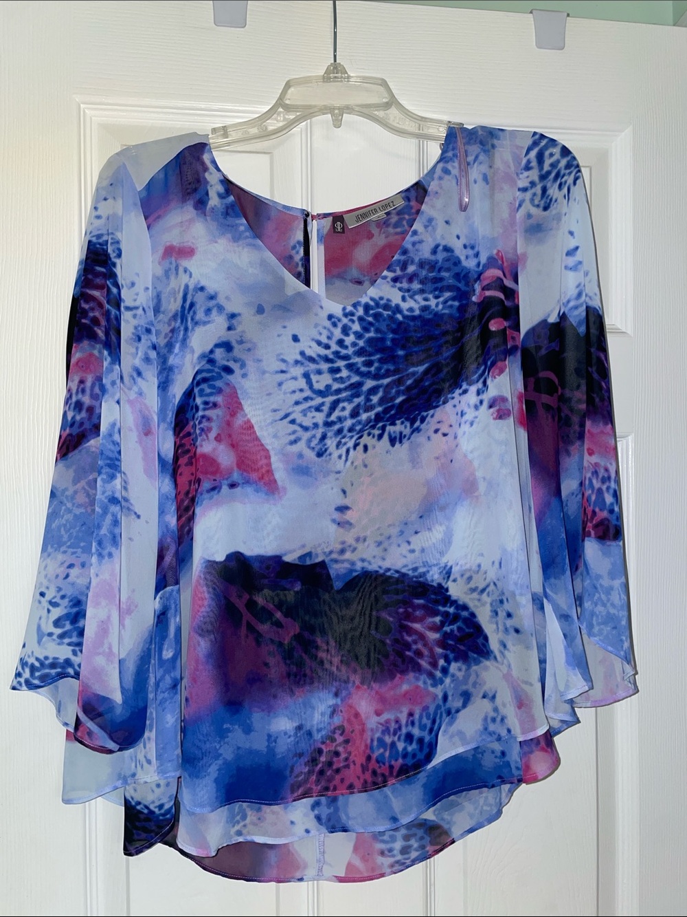 Jennifer Lopez Blue, Purple & Pink Sheer V-Neck Blouse